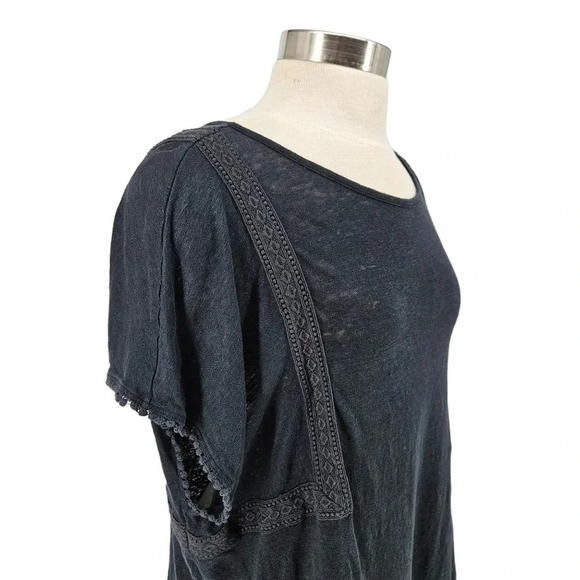 NYDJ Tee Shirt Linen Charcoal Short Sleeve Lace Trim Scoop Neck Boho Top - Picture 3 of 7